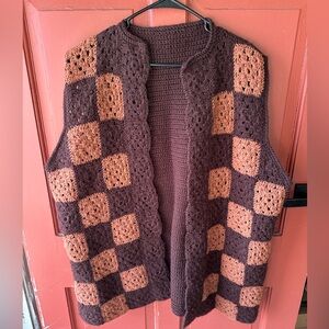 VTG Brown and Tan Granny Square Crocheted Women's Sweater Vest